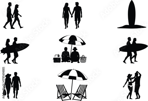 Beach couple silhouette vector set, walking hand in hand, surfboards, umbrella chairs, dancing figures, leisure vacation illustration, summer tourism lifestyle design