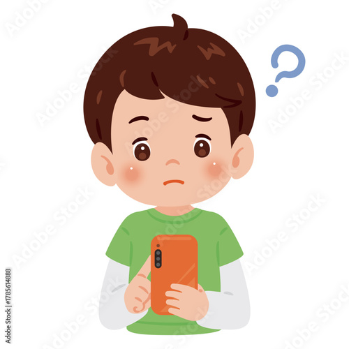 スマートフォンを見て悩む男の子　上半身イラスト／Upper Body Illustration of Boy Worried While Looking at Smartphone
