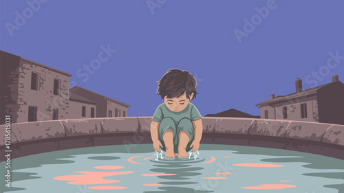 A boy sitting on the edge of a fountain with his feet dipped in the water on a peaceful evening time