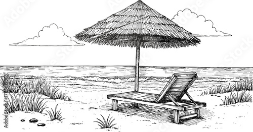 Beach lounge chair silhouette vector, thatched umbrella, ocean waves, tropical vacation relaxation scene, summer holiday leisure illustration, peaceful coastal tourism design