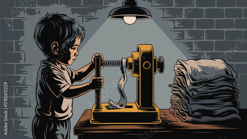 A young boy operates a machine in a dimly lit room with a pile of cloth beside the machine