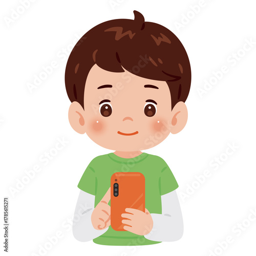 スマートフォンを操作する男の子　上半身イラスト／Upper Body Illustration of Boy Using Smartphone
