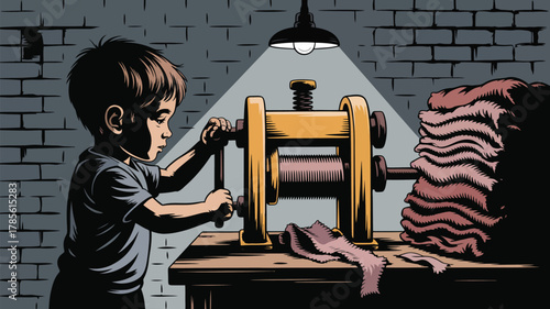 A young boy operating a machine with fabric in a room with brick walls under a hanging light fixture