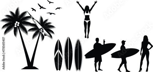 Beach vacation silhouette vector, tropical palm trees, surfboards, bikini woman jumping, surfers holding boards, birds flying, summer holiday leisure scene illustration