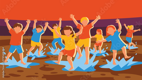 Children playing in puddles with arms raised under an orange sky in a cartoon illustration