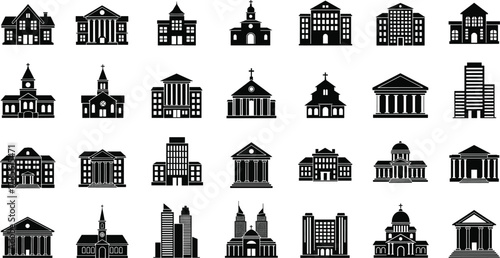 Building silhouette vector set, churches, schools, government architecture, domes and steeples, skyscraper icons, institutional design illustration, urban planning, educational reference collection