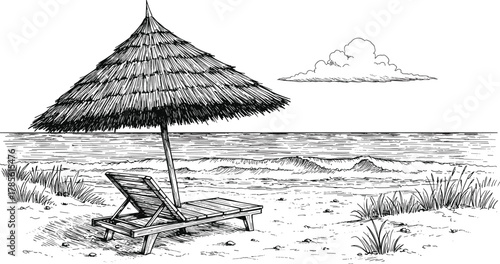 Beach sketch vector illustration, palm umbrella and lounge chair on sandy shore, tranquil summer vacation scene with ocean waves, leisure, travel, holiday themes