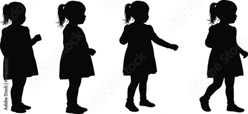 Child walking silhouette vector, girl in dress with ponytail, standing and walking poses, motion progression illustration, child development, animation reference design