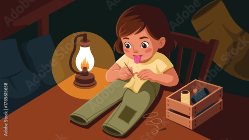 A girl sewing a patch on pants by the light of a lamp with a box of thread on the table near her