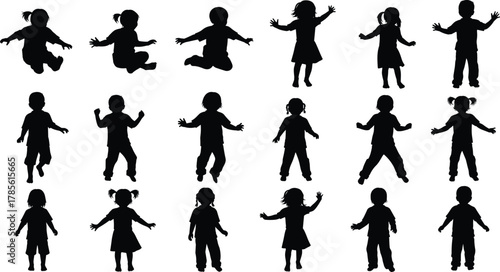 Children silhouette collection showing twenty playful poses standing jumping sitting waving dancing diverse hairstyles vector set for educational design and illustration assets