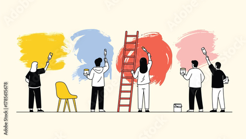 Group of People Painting a Wall with Colorful Brush Strokes. Home Renovation, Interior Decorating, and Teamwork Vector Illustration.