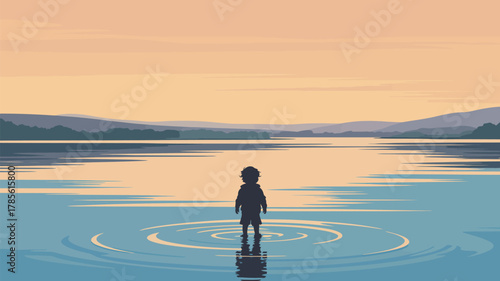 Silhouette of a child standing in water creating ripples with mountains in the background at sunset