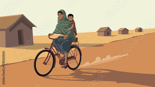 A woman riding a bicycle with a child on her back in a rural setting with small houses visible far away