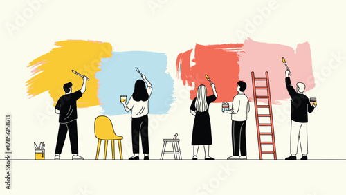Team Painting Colorful Wall Brushstrokes: Collaborative Creative Project Vector Illustration