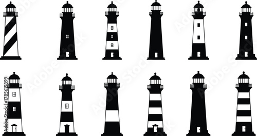 Lighthouse silhouette vector set, nautical coastal icons, striped and solid tower designs, maritime navigation illustration, seaside architecture, ocean safety beacon collection