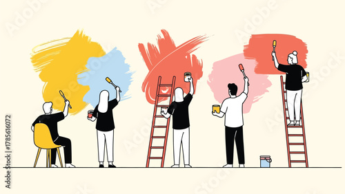 Teamwork and Collaboration Vector Illustration: People Painting Wall with Colorful Brush Strokes Representing Creative Project Completion