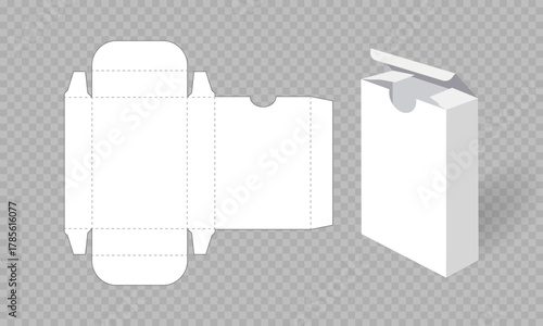 Playing card box template and vector playing card box template with laser-cut lines. White, transparent, blank, isolated. Playing card box mockup without background, with perspective view. Box die-cut