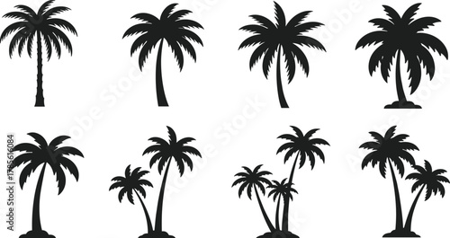 Palm tree silhouette vector set, tropical island icons, curved and straight trunks, clustered and single trees, summer vacation illustration, coastal paradise design