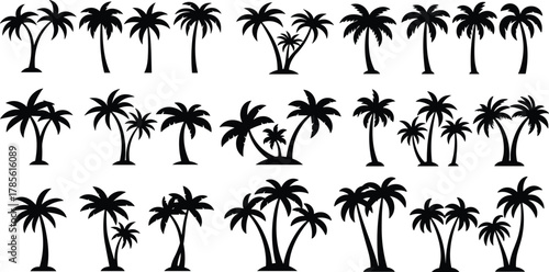 Palm tree silhouette vector set, tropical island icons, curved and straight trunks, clustered and single trees, summer vacation illustration, coastal paradise lifestyle design