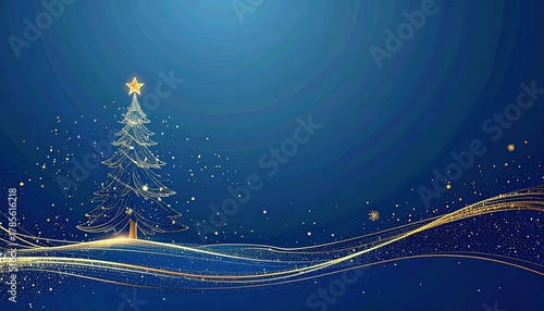 Festive Christmas Tree with Star Decoration Illuminated by Twinkling Lights Against Blue Background
