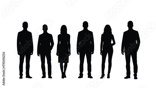 Six professional men and women in suits standing full length silhouettes vector illustration