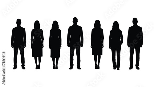 Vector Silhouettes of Business People Standing. Set of professional adults, including men in suits and women in corporate attire, representing a team or diverse group.