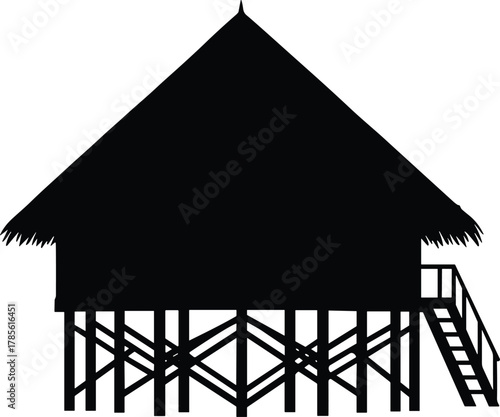 Traditional stilt house vector silhouette, tropical architecture design with thatched roof and staircase, cultural building illustration for travel, heritage, flood‑prone regions