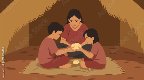 Illustration of a mother and two children sitting together in a hut holding dough and cooking food