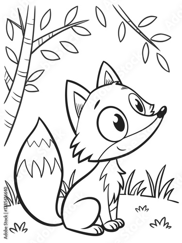Cartoon fox sitting in a forest clearing under a tree in a coloring book page