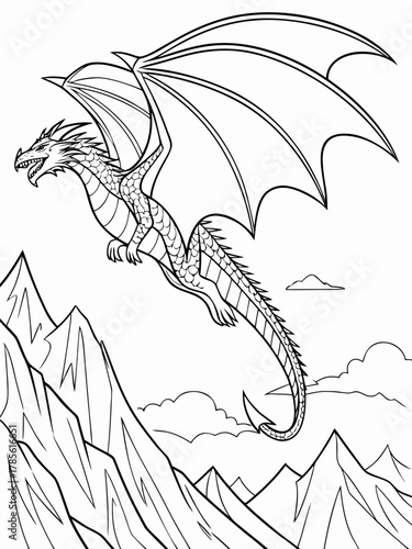 Dragon soars above jagged mountains in a black and white coloring book illustration