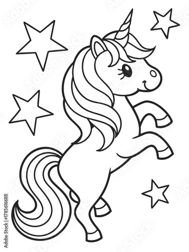 Cute unicorn prancing among stars in a black and white outline drawing for coloring books and children's art projects is magical