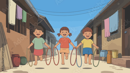 Three children happily playing with hoops on a sunny street surrounded by buildings drawing style