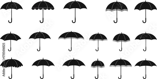 Umbrella silhouette vector set, canopy edge variations, scalloped and fringed designs, black icons collection, rain protection illustration, fashion accessory concept