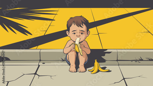 A cartoon boy sitting on a curb eating a banana with a banana peel on the ground next to him