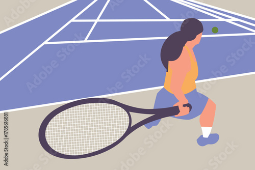 Stylized tennis player in yellow top and blue shorts preparing to hit ball on blue court with white lines. Dynamic sports illustration, perfect for fitness, lifestyle, and creative projects.