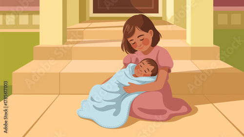 A woman holding a baby wrapped in a blanket while sitting on the steps of a building outside home light