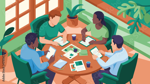 A diverse group working around a round table with papers and tablets in a bright and plant filled room