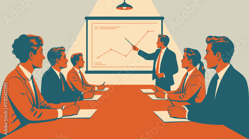 A business meeting with a presenter pointing to a graph on a screen and attendees taking notes