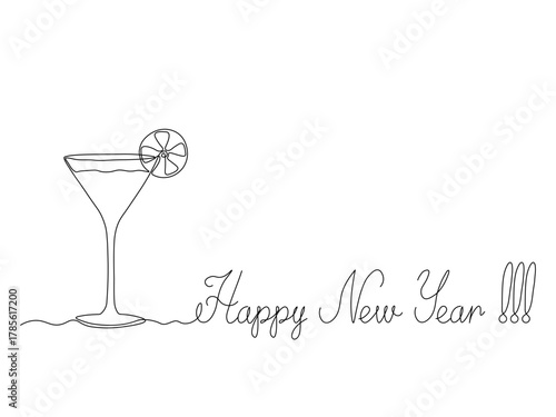 Happy New Year holiday card, Cosmopolitan cocktail and Lime fruit. continuous single one line art hand drawing sketch, logo on white background