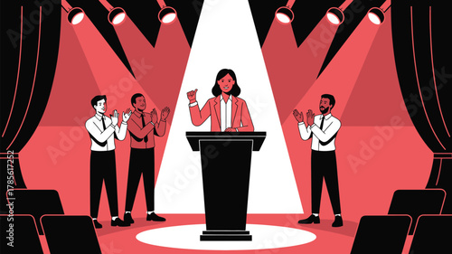 Woman giving a speech on stage with people clapping and spotlights shining on her and the audience seats