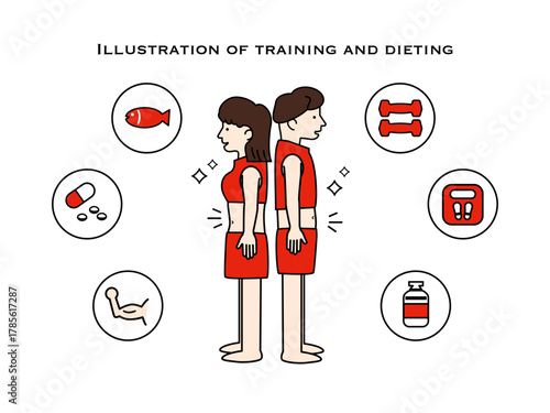 ダイエット後の男女と健康モチーフセット | 赤いウェア・フィットネス要素のイラスト