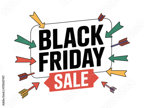 Black Friday sale event with colorful arrows pointing inward.