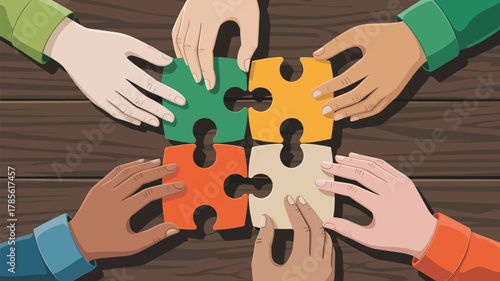 Diverse hands connecting colorful jigsaw puzzle pieces on a wooden table top view illustration