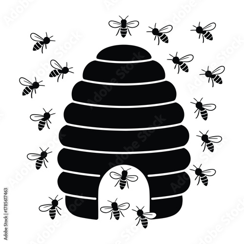 Bee hive with bees around Silhouette, Vector, Illustration