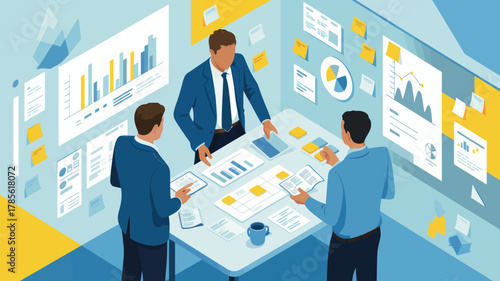 Three business people in suits collaborating around a table with charts and sticky notes displayed