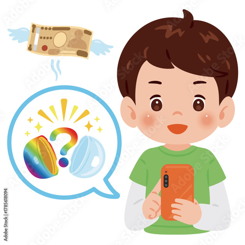スマートフォンでゲームをする男の子　上半身イラスト／Boy Playing a Smartphone Gacha Game – Upper Body Illustration