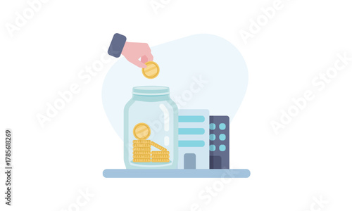 瓶にお金を貯める手と会社のイラスト