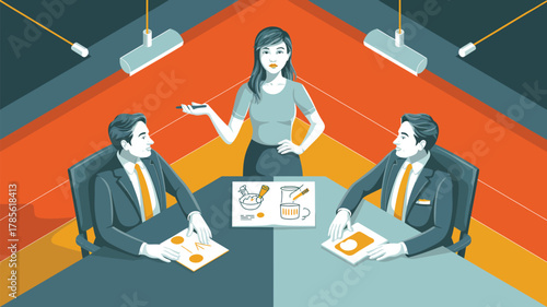 Illustration of business meeting with woman leading discussion and two men at a table with diagrams