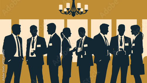 Silhouettes of business people networking at a conference under a chandelier in a formal setting