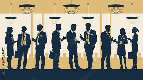 Silhouettes of business people networking at a conference with hanging lights and a crowd in the background